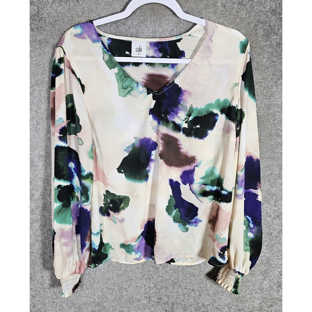 Cabi 4341 Aurora Floral Watercolor Mystic Blouse Womens Size M Puff Sleeve VNeck